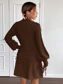 SHEIN EZwear Váy len tay đèn lồng dệt kim cáp cho mùa thu/đông - Cà phê nâu - Xem 2