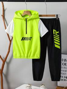 SHEIN Compra 2 y llévate 1 gratis, Set de 3 piezas de sudadera con capucha, chaleco y pantalones de cintura elástica cómodos y de moda minimalistas y prácticos con una camiseta de regalo, multipack, adecuado para otoño, primavera, verano, para uso diario, actividades al aire libre, escuela, estilo callejero, fiestas y ocio - Multicolor - Ver 6