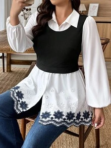 EMERY ROSE Women's Autumn/Winter 2 In 1 Embroidered Floral A-Line Button Up Top, Suitable For Casual Daily Wear Women Blouses Elegant Tunic Blouse - Multicolor - View 4