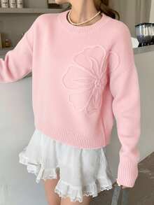 SHEIN Suéter de cuello redondo con patrón floral y unicolor para adolescentes, decoración de flores 3D, adecuado para invierno y Halloween - Rosa - Ver 7