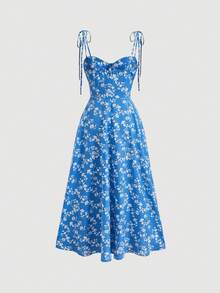 SHEIN MOD Floral Print Split Thigh Cami Blue And White Breast Cup Spring And Summer Straps Dress - Blue and White - View 2