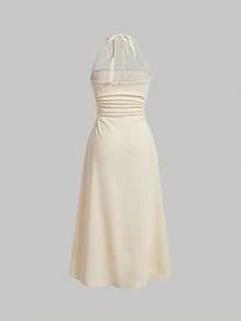 SHEIN MOD Women's Solid Color Halter Neck Ruched Backless Casual Sleeveless Dress - Apricot - View 2