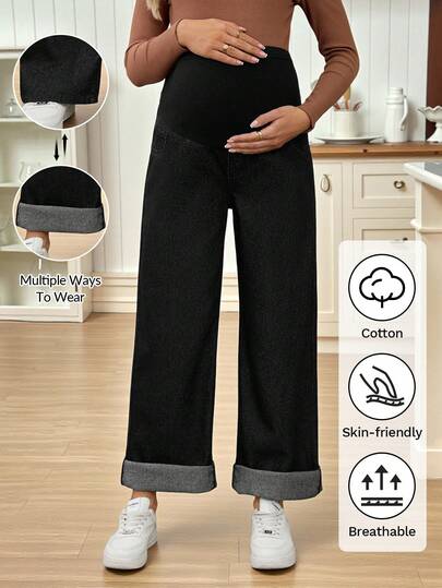 SHEIN 孕妇高腰阔腿宽松休闲百搭牛仔裤，适合冬季、圣诞节、新年、感恩节、通勤、度假、毕业典礼等场合，时尚又充满Y2K风格，可爱街头风，适合派对、婚礼、商务休闲等各种场合。这款黑色牛仔阔腿裤采用罗纹腰带设计，舒适时尚，是准妈妈们的理想之选。圣诞节孕妇阔腿裤，感恩节孕妇牛仔裤，通勤穿着轻松舒适。