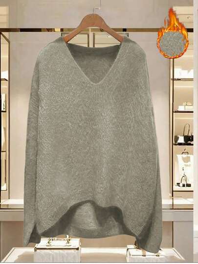 Linhara 大码纯色休闲套头毛衣，秋冬季