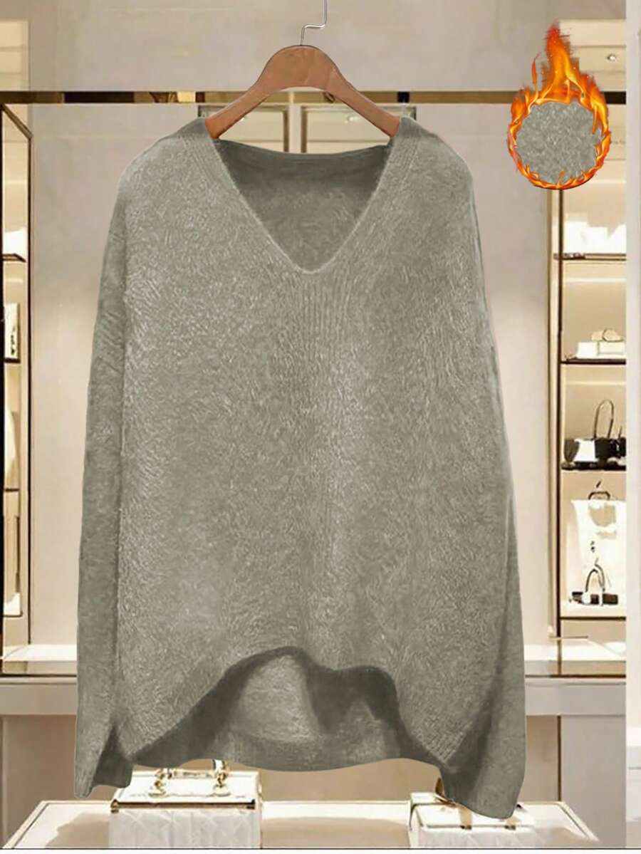 Linhara Plus Size Solid Color Casual Pullover Sweater, Autumn/Winter - Mint Green - View 1