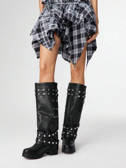 Stivali da donna neri con suola spessa, punta tonda, senza lacci, comodi e versatili