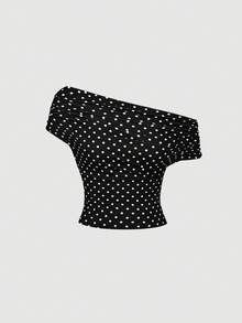 SHEIN MOD 波点网眼百搭女士复古风吊带衫 - 黑色 - 查看 5