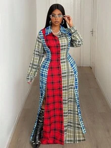 Maweii 大码女式春秋格子休闲翻领纽扣前开衩长袖修身长衬衫裙 - 彩色 - 查看 1