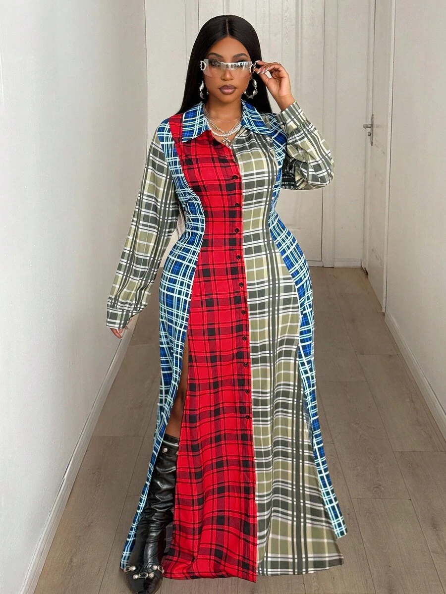 Maweii 大码女式春秋格子休闲翻领纽扣前开衩长袖修身长衬衫裙 - 彩色 - 查看 1