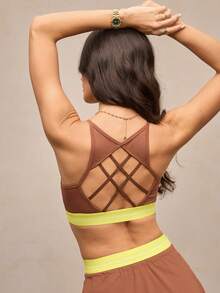 Activina Women's Contrast Color Sleeveless Criss-Cross Back Comfortable Breathable Spaghetti Strap Sports Bra - Brown - View 3