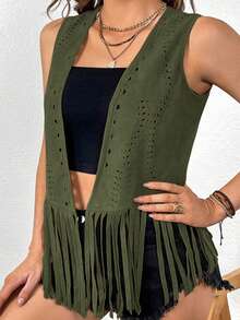 SHEIN VCAY 大码女式波西米亚西部风纯色拼接流苏下摆开襟背心外套，适合夏季和秋冬季穿着 - 軍綠色 - 查看 5