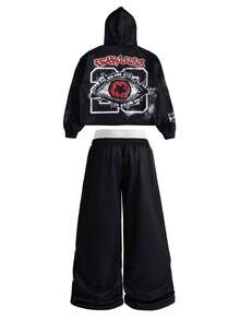 Manfinity Roghcode 男士街头时尚印花二合一双腰长裤，适合户外音乐节、日常出行、朋友聚会、送给男友/老公的礼物、周年纪念礼物，撞色卫衣套装，男士Y2K风格服装，男士连帽衫和长裤套装，男士街头服饰套装，男士套装 - 黑色 - 查看 4