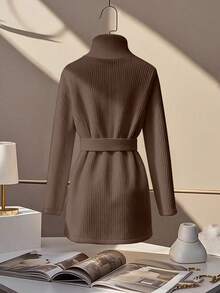 GlowEve 女士纯色高领双排扣常规款外套，秋冬款 - 棕色 - 查看 2