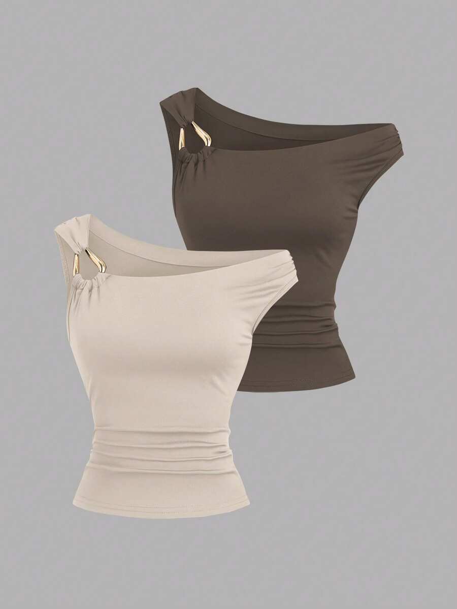 Sweetra 2pcs/Set Asymmetric Collar Fitted T-Shirt, Versatile Casual Top, Spring/Summer - Multicolor - View 1