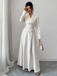 Rafferiza 2 件套女士休闲通勤裹身领带衬衫和褶皱 A 字长裙套装 - 杏色 - 查看 5