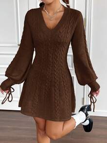 SHEIN EZwear Váy len tay đèn lồng dệt kim cáp cho mùa thu/đông - Cà phê nâu - Xem 3