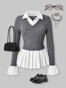 SHEIN ChillGRL 少女休闲日常通勤撞色灯芯绒长袖衬衫，适合秋冬季穿着 - 深灰色 - 查看 5