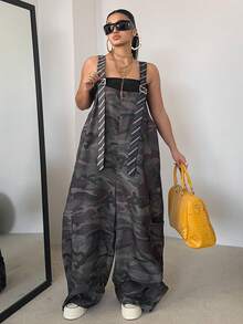 POPSWAY Plus Size Women Camo Strap Striped Contrast Color Pocket Casual Jumpsuit, Suitable For Street, Vacation, Date, Party