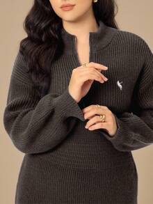 Juhart Plus Size Women Sweater Dress, Solid Color Knitted Seahorse Pattern, Casual For Autumn/Winter, Suitable For Christmas, Halloween, Back To School Season - Coffee Brown - View 7