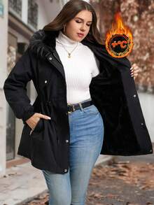 SHEIN Clasi Plus Size Women's Black Winter Casual Hiking Coat,Faux Fur Collar Hooded Zip-Up Jacket With Plush Lining,Drawstring Belt,Double Pockets,Warm Vintage - Black - View 2