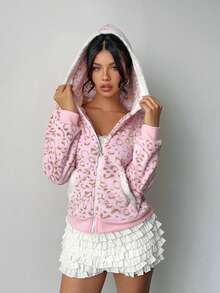 SHEIN PETITE 秋冬季女士休闲撞色保暖拉链卫衣，豹纹印花，修身腰部设计，面料柔软，适合返校季穿着 - 粉色 - 查看 3