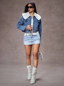 Jeanoix Women's Fuzzy Collar Long Sleeve Cropped Denim Washed Top, Autumn/Winter - Dark Wash - View 7