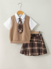 SHEIN 女童二合一短袖衬衫和格子百褶裙休闲套装 - 棕色 - 查看 1