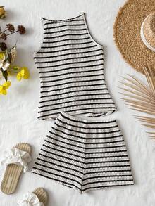 Travachic KIDS Tween Girl Vacation Casual Knit Striped Camisole And Elastic Waist Shorts Set - Black and White - View 3