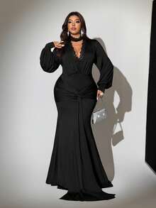 Viva Relle Plus Size V-Neck Black Lace Flowy Dress