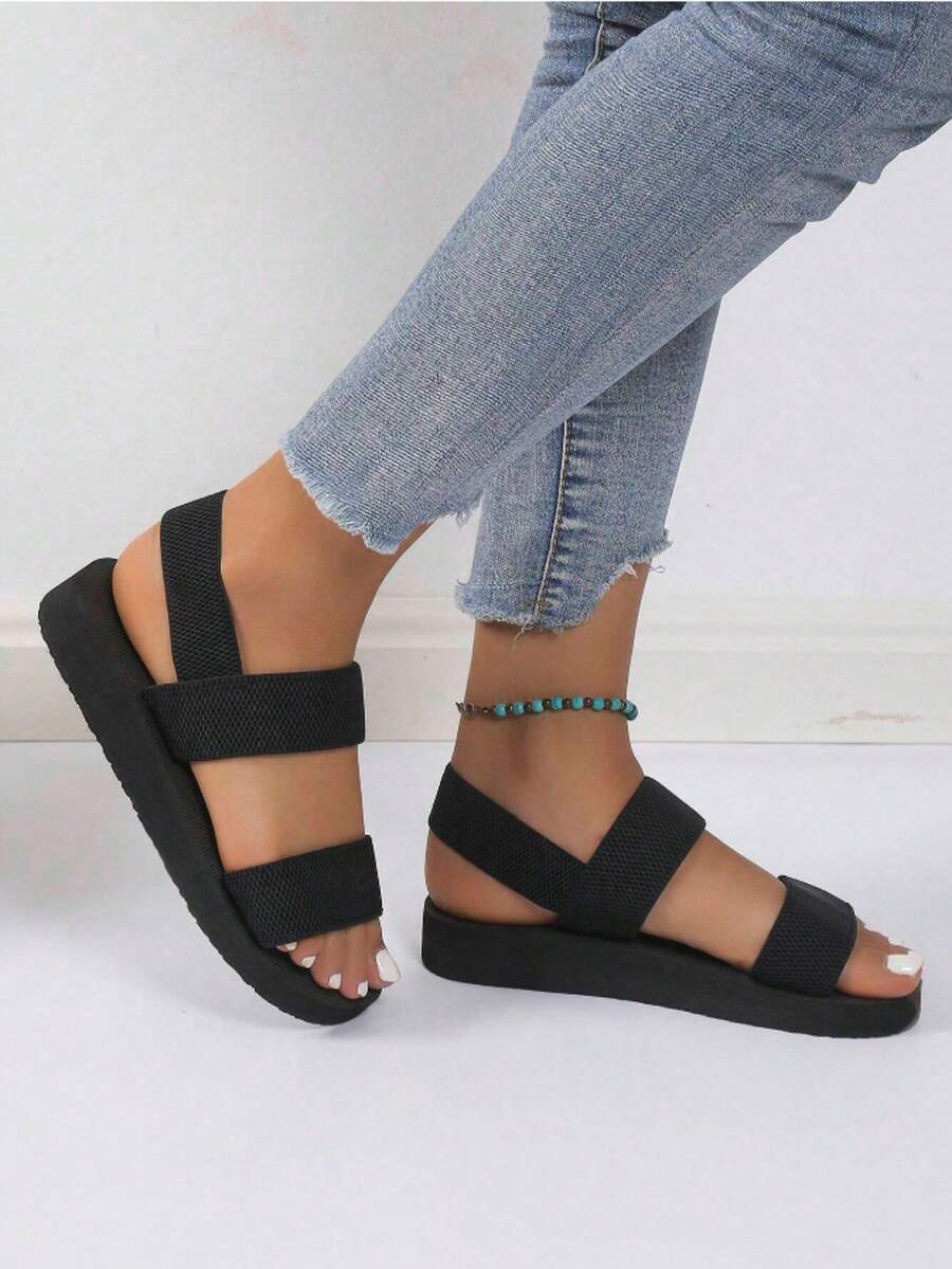 Sandalia de mujer diseño ergonómico punta abierta tiras elásticas plataforma estilo casual para paseo y diario - Negro - Ver 1