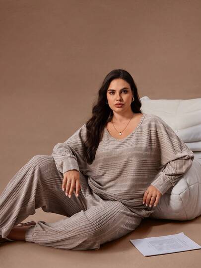Lazeform Asymmetrical Ribbed Soft & Skin-Friendly Thin Pajamas, Women Casual Plus Size Loungewear Set Winter Clothes