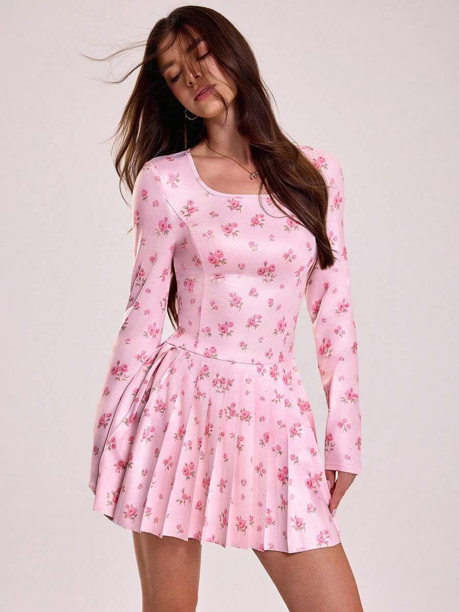 Sovereign Charm 女士U领插肩袖收腰印花休闲褶皱运动连衣裙 - 粉色 - 查看 1