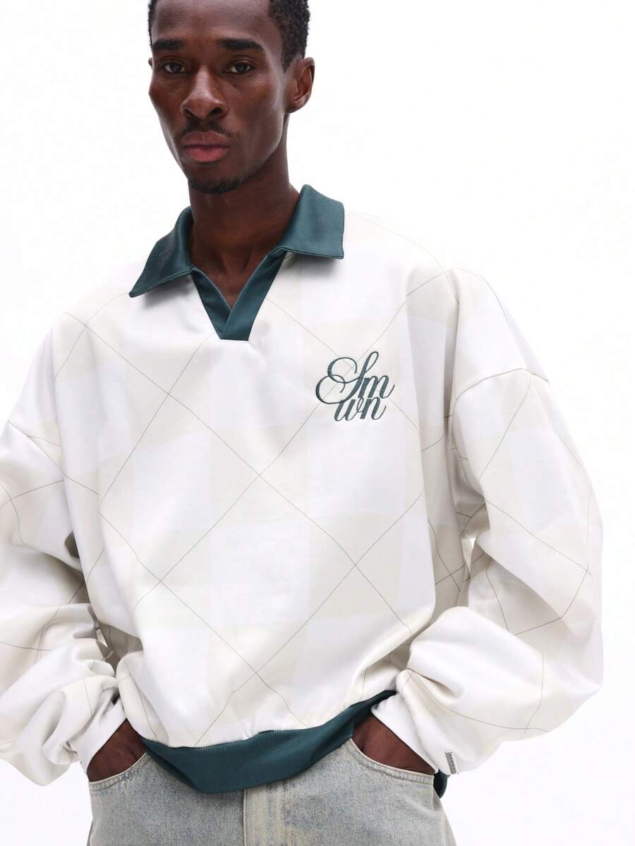 SUMWON 男士长袖 Polo 衫，饰有刺绣 Logo，翻领设计，宽松版型，休闲秋冬上衣，纯色 - 杏色 - 查看 1
