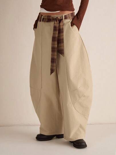 Easelle Women's Casual Thick Fabric Striped Plaid Lace-Up Casual Wide Leg Pants, Autumn/Winter Bent Knife Cut Wide Leg Pants Come With A Belt As A Gift Khaki