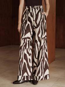 Franclia Women's High-Waisted Animal Print Wide-Leg Trousers,White Autumn Elegant Loose Straight Leg Double Pockets Casual Retro Style Date Comfortable Pants - Multicolor - View 4