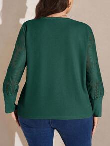 SHEIN LUNE 秋季女装加大码上衣，卡其色蕾丝提花袖拼接华夫格针织女式衬衫，灯笼袖上衣，宽松优雅，适合派对、商务休闲等场合。 - 墨綠色 - 查看 2