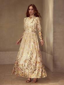 MOTF PREMIUM WOMEN'S LONG SLEEVE FITTED CHIFFON KNOT DRESS - Apricot - View 4