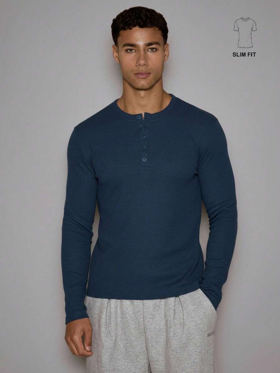 Musero Blusa de manga larga con botones a presión y tejido de waffle para capas, primavera y verano - Azul Marino - Ver 1