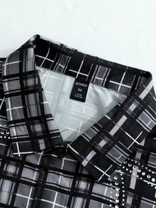 ROMWE MEN Street Life Men's Shirt With Rhinestone Plaid Pattern, Long Sleeve, Streetwear American Style - Black - View 5