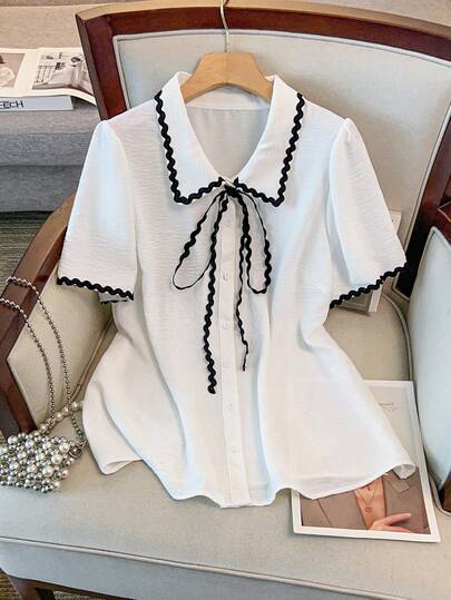 GlowEve CURVE 大码女式蕾丝拼接优雅衬衫，春夏休闲外出衬衫