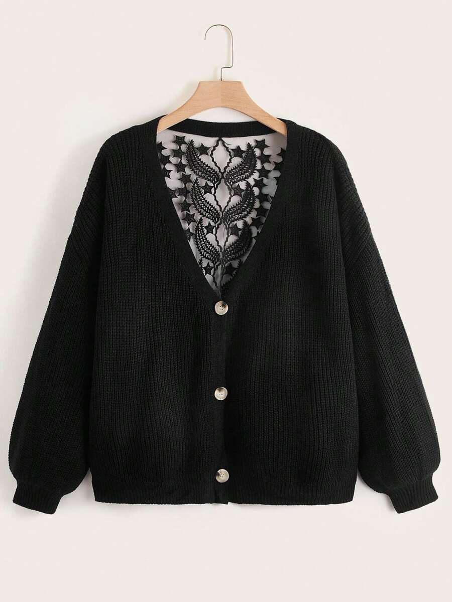Linhara Plus Size Women Autumn/Winter Pentagram Mesh Patchwork Long Sleeve Knitted Cardigan - Black - View 1