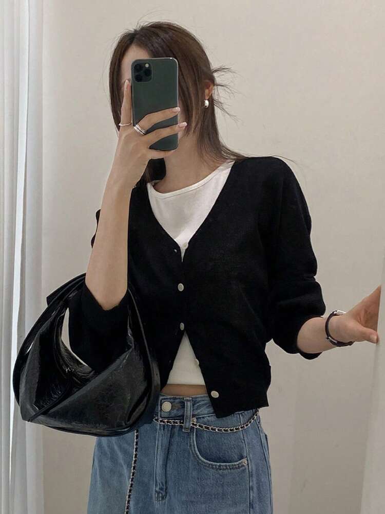 Minimalist Solid Color Single-Breasted Short Cardigan, Versatile Long Sleeve Women Sweater