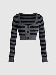 Women's Gothic Black & Gray Striped Thumb Hole Knitted Cardigan
