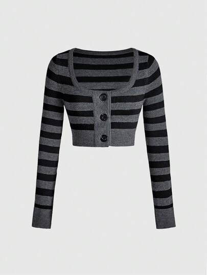 Women's Gothic Black & Gray Striped Thumb Hole Knitted Cardigan