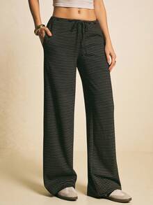 Poéselle بنطلون نسائي كاجوال للارتداء اليومي والتنقل، مرن بخصر رباط، بطبعة شريطية، قصة واسعة مستقيمة الساق - بني - مشاهدة 3