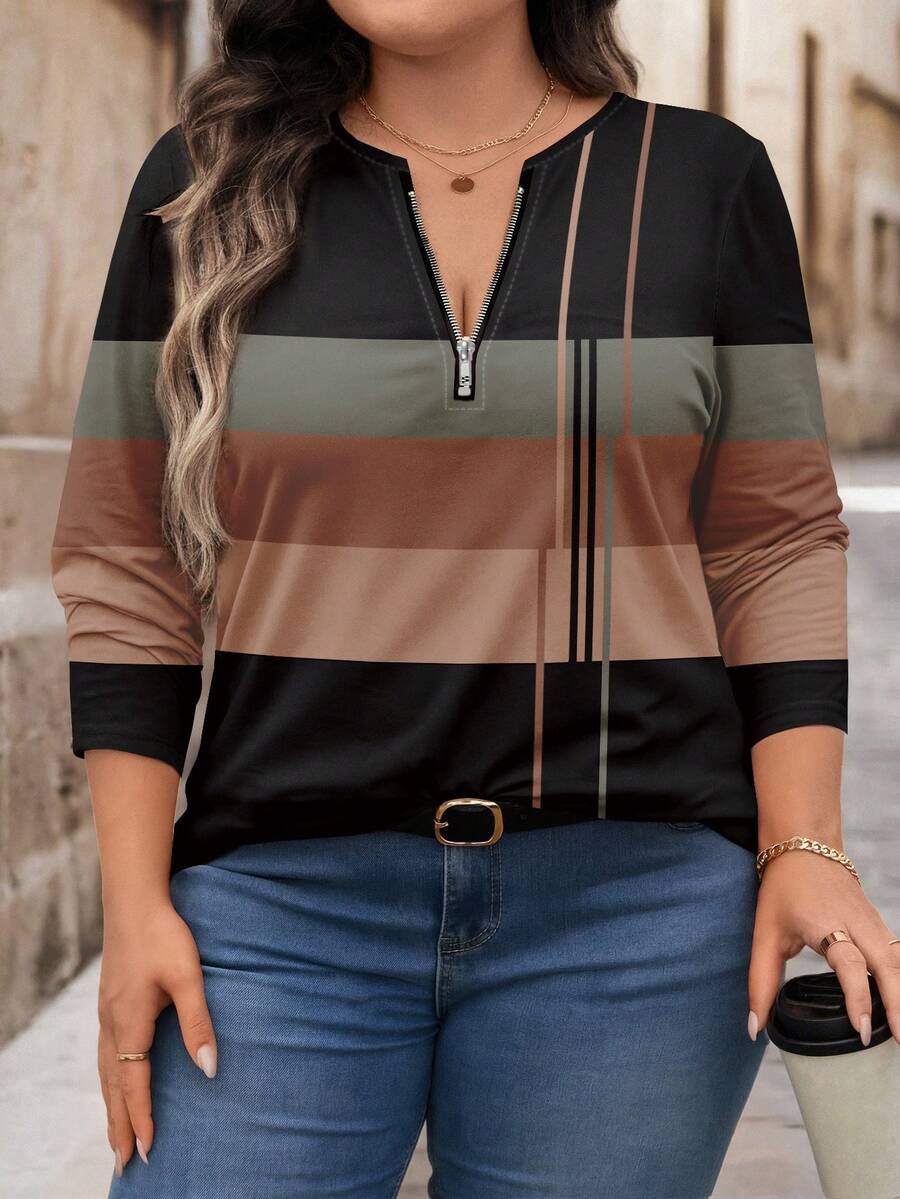 EMERY ROSE Plus Size Half Zip Round Neck Loose Long Sleeve T-Shirt - Multicolor - View 1