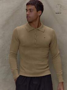 Musero 男士精纺针织修身长袖四分之一扣 Polo 衫，刺绣细节，春夏衣橱胶囊系列 - 棕色 - 查看 1