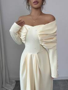 Elenzga Abito elegante da donna con spalle scoperte, maniche lunghe con volant, decorato con strass, modello aderente e svasato, adatto per feste e appuntamenti serali, colore giallo - Giallo chiaro - Visualizzare 3