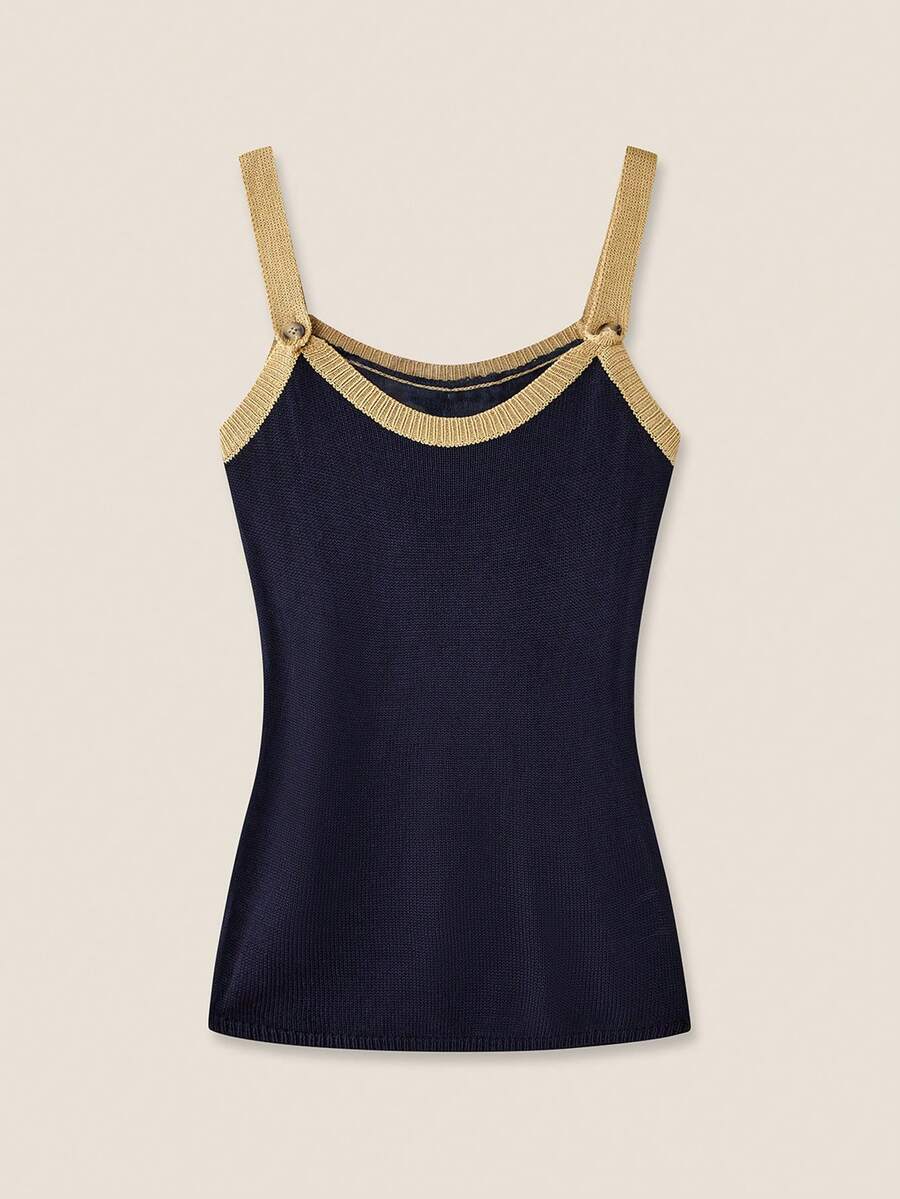 Muvela 女士休闲撞色吊带针织上衣，可爱夏季装 - 藏蓝色 - 查看 1