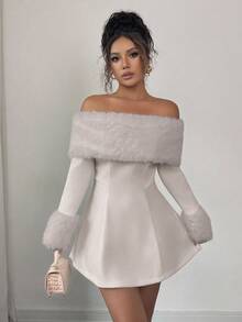 Elenzga 女士优雅狐狸图案露肩收腰长袖连衣裙，秋冬款 - 米色 - 查看 3